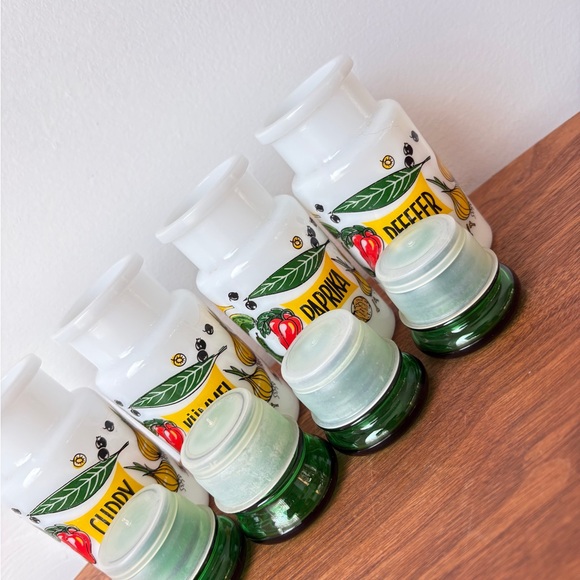 Vintage Kitchen Decor Colorful Spice Jars with Green Lids French Farmhouse Jars - Picture 11 of 13